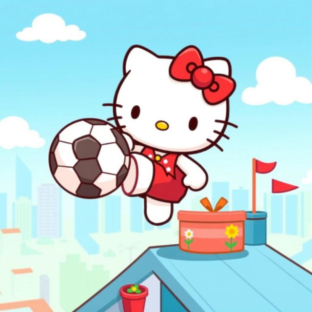 A cute depiction of Hello Kitty on a rooftop, playfully kicking a soccer ball