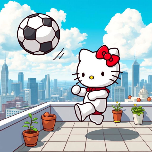 A delightful image of Hello Kitty standing on a rooftop, energetically kicking a soccer ball