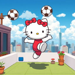 A delightful image of Hello Kitty standing on a rooftop, energetically kicking a soccer ball