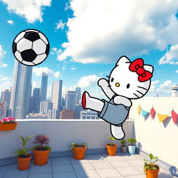 A delightful image of Hello Kitty standing on a rooftop, energetically kicking a soccer ball