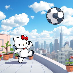 A delightful image of Hello Kitty standing on a rooftop, energetically kicking a soccer ball