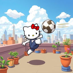 A charming illustration of Hello Kitty standing on a rooftop, skillfully kicking a soccer ball in a horizontal direction