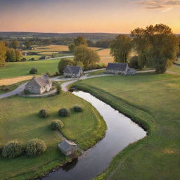 A serene rural setting at sunset with small cottages, golden fields, winding river, groves of trees, and a cobblestone bridge.