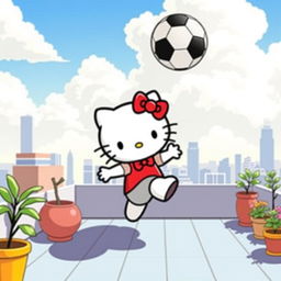 A charming illustration of Hello Kitty standing on a rooftop, skillfully kicking a soccer ball in a horizontal direction