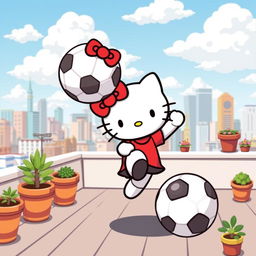 A charming illustration of Hello Kitty standing on a rooftop, skillfully kicking a soccer ball in a horizontal direction