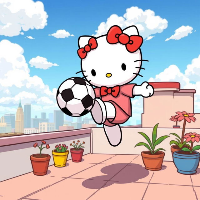 A charming illustration of Hello Kitty standing on a rooftop, skillfully kicking a soccer ball in a horizontal direction