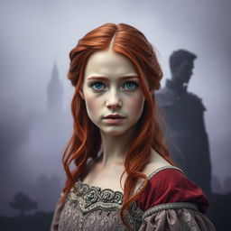 A poignant image of an orphan forced to become queen, depicted in the foreground with striking red hair cascading down her shoulders and captivating blue eyes filled with a mixture of resolve and uncertainty