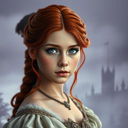 A poignant image of an orphan forced to become queen, depicted in the foreground with striking red hair cascading down her shoulders and captivating blue eyes filled with a mixture of resolve and uncertainty