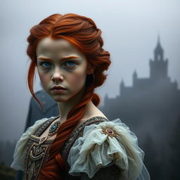 A poignant image of an orphan forced to become queen, depicted in the foreground with striking red hair cascading down her shoulders and captivating blue eyes filled with a mixture of resolve and uncertainty