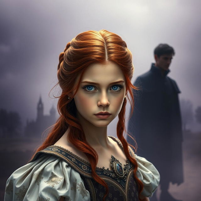 A poignant image of an orphan forced to become queen, depicted in the foreground with striking red hair cascading down her shoulders and captivating blue eyes filled with a mixture of resolve and uncertainty