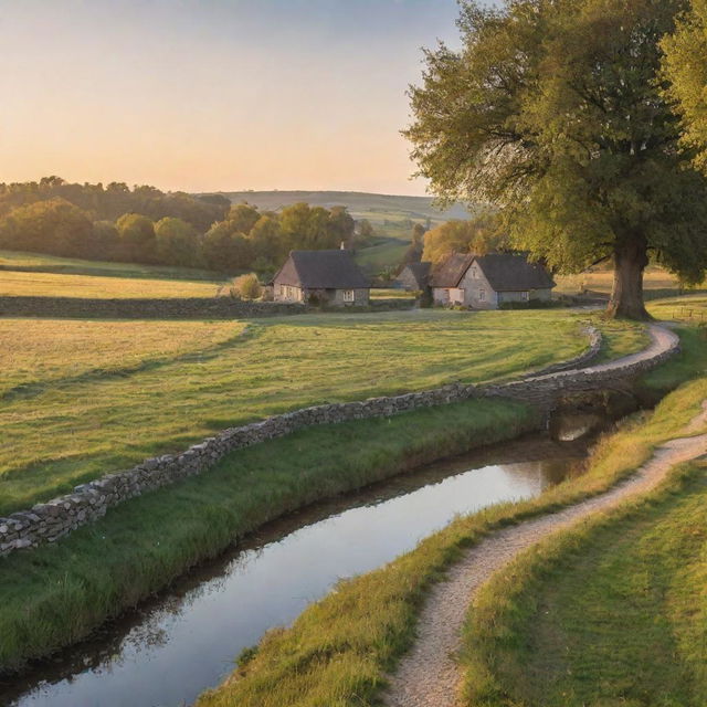 A serene rural setting at sunset with small cottages, golden fields, winding river, groves of trees, and a cobblestone bridge.