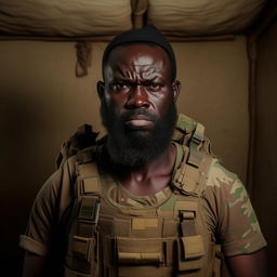 An African kidnapper commander, with a bearded visage, dressed in a bulletproof vest over semi-combatant attire, conveying a menacing demeanor.