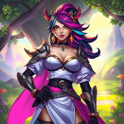 A fantastical depiction of a bold and confident character with feminine features and a striking, stylized appearance