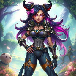 A fantastical depiction of a bold and confident character with feminine features and a striking, stylized appearance