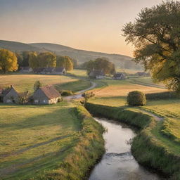 A serene rural setting at sunset with small cottages, golden fields, winding river, groves of trees, and a cobblestone bridge.