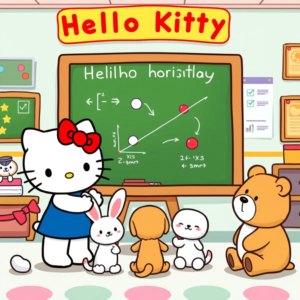 An engaging illustration of Hello Kitty standing in front of a chalkboard, enthusiastically explaining the concept of horizontal projectile motion (tiro horizontal) to a group of adorable cartoon animal friends