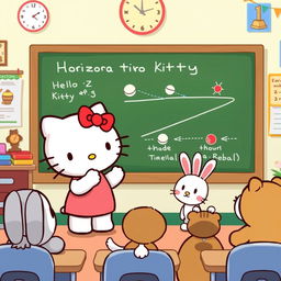 An engaging illustration of Hello Kitty standing in front of a chalkboard, enthusiastically explaining the concept of horizontal projectile motion (tiro horizontal) to a group of adorable cartoon animal friends