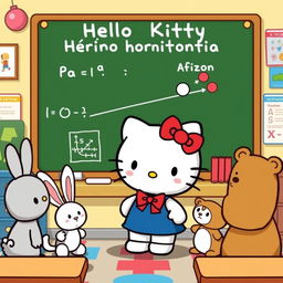 An engaging illustration of Hello Kitty standing in front of a chalkboard, enthusiastically explaining the concept of horizontal projectile motion (tiro horizontal) to a group of adorable cartoon animal friends