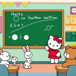 An engaging illustration of Hello Kitty standing in front of a chalkboard, enthusiastically explaining the concept of horizontal projectile motion (tiro horizontal) to a group of adorable cartoon animal friends