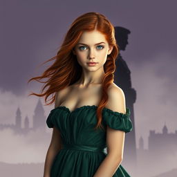A powerful image of an orphan compelled to become queen, positioned in the foreground with reddish hair flowing elegantly and striking blue eyes that convey a sense of determination