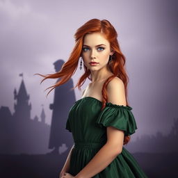 A powerful image of an orphan compelled to become queen, positioned in the foreground with reddish hair flowing elegantly and striking blue eyes that convey a sense of determination