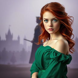 A powerful image of an orphan compelled to become queen, positioned in the foreground with reddish hair flowing elegantly and striking blue eyes that convey a sense of determination