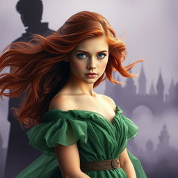 A powerful image of an orphan compelled to become queen, positioned in the foreground with reddish hair flowing elegantly and striking blue eyes that convey a sense of determination