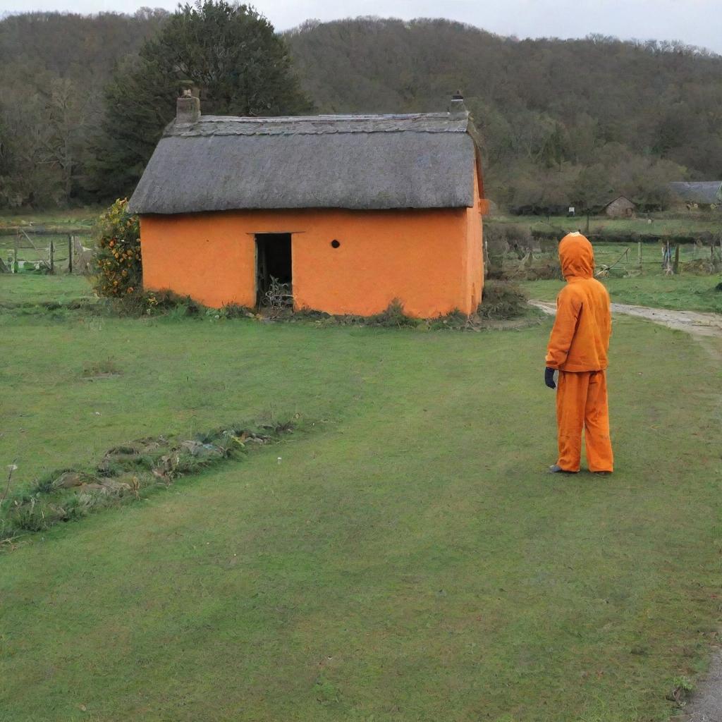 Revise previous rural setting, now include an orange, spiral-masked man standing near one of the small cottages.