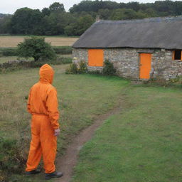 Revise previous rural setting, now include an orange, spiral-masked man standing near one of the small cottages.