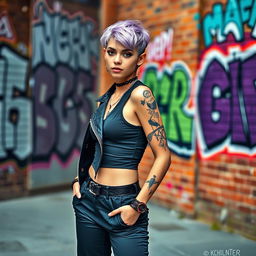 A confident young woman with an androgynous appearance and an edgy fashion style, standing confidently in a modern urban setting