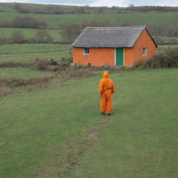 Revise previous rural setting, now include an orange, spiral-masked man standing near one of the small cottages.