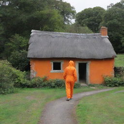 Revise previous rural setting, now include an orange, spiral-masked man standing near one of the small cottages.