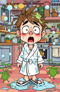 A humorous and exaggerated cartoon scene of a character looking shocked and disheveled after a comical mishap of washing hash