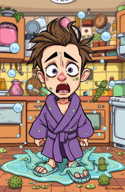 A humorous and exaggerated cartoon scene of a character looking shocked and disheveled after a comical mishap of washing hash