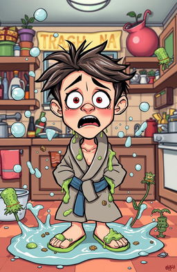 A humorous and exaggerated cartoon scene of a character looking shocked and disheveled after a comical mishap of washing hash