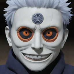 Revise previous scene: the orange, spiral-masked man is now identified as 'Obito'. The name 'Obito' is subtly engraved on his mask.