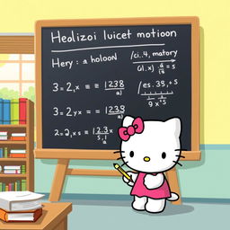 A cute, cartoonish depiction of Hello Kitty in a classroom setting, actively solving horizontal projectile motion problems on a blackboard