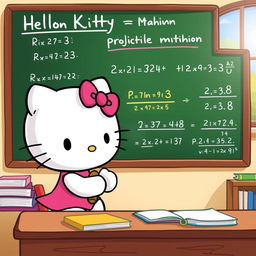 A cute, cartoonish depiction of Hello Kitty in a classroom setting, actively solving horizontal projectile motion problems on a blackboard