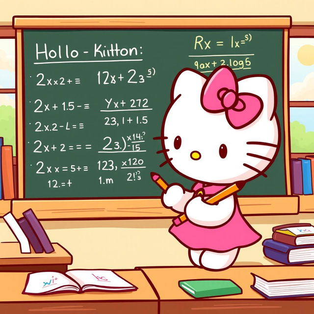 A cute, cartoonish depiction of Hello Kitty in a classroom setting, actively solving horizontal projectile motion problems on a blackboard