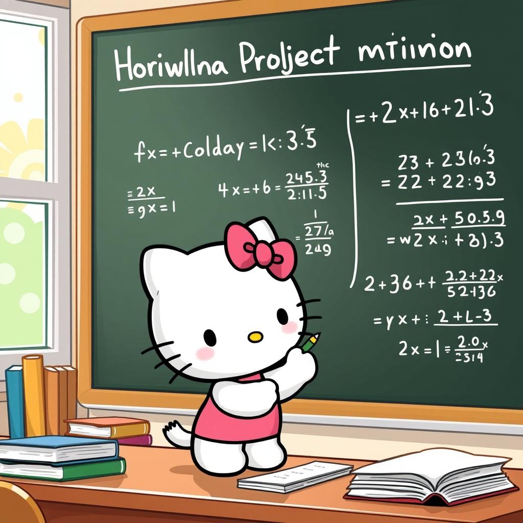 A cute, cartoonish depiction of Hello Kitty in a classroom setting, actively solving horizontal projectile motion problems on a blackboard