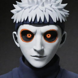 Revise previous scene: the orange, spiral-masked man is now identified as 'Obito'. The name 'Obito' is subtly engraved on his mask.