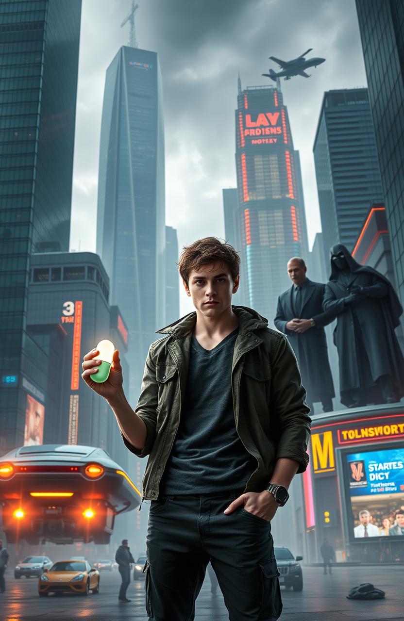 A futuristic cityscape where a young man, looking determined yet slightly disheveled, stands in the foreground holding a glowing pill, representing his newfound superpower