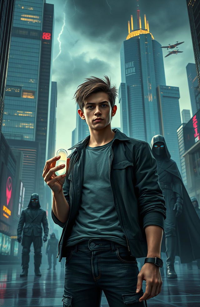 A futuristic cityscape where a young man, looking determined yet slightly disheveled, stands in the foreground holding a glowing pill, representing his newfound superpower