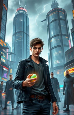 A futuristic cityscape where a young man, looking determined yet slightly disheveled, stands in the foreground holding a glowing pill, representing his newfound superpower