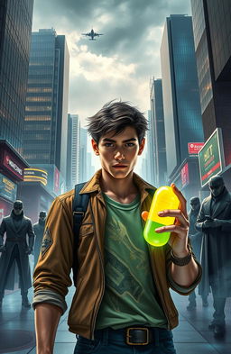 A futuristic cityscape where a young man, looking determined yet slightly disheveled, stands in the foreground holding a glowing pill, representing his newfound superpower