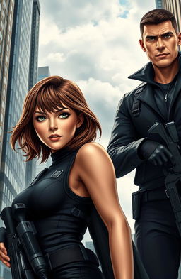 A thrilling scene featuring two secret agents in an intense urban setting