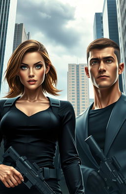 A thrilling scene featuring two secret agents in an intense urban setting