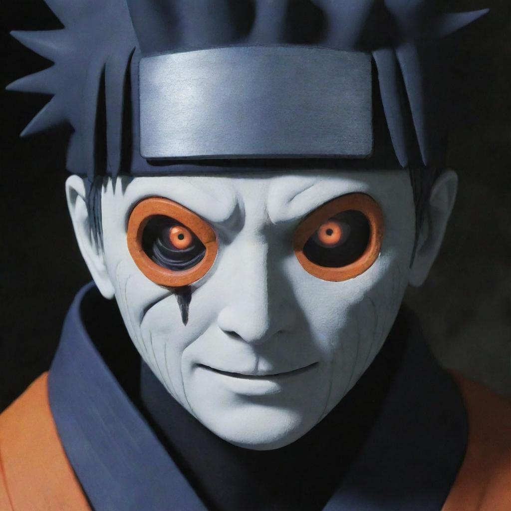 Revise previous scene: the orange, spiral-masked man is now identified as 'Obito'. The name 'Obito' is subtly engraved on his mask.