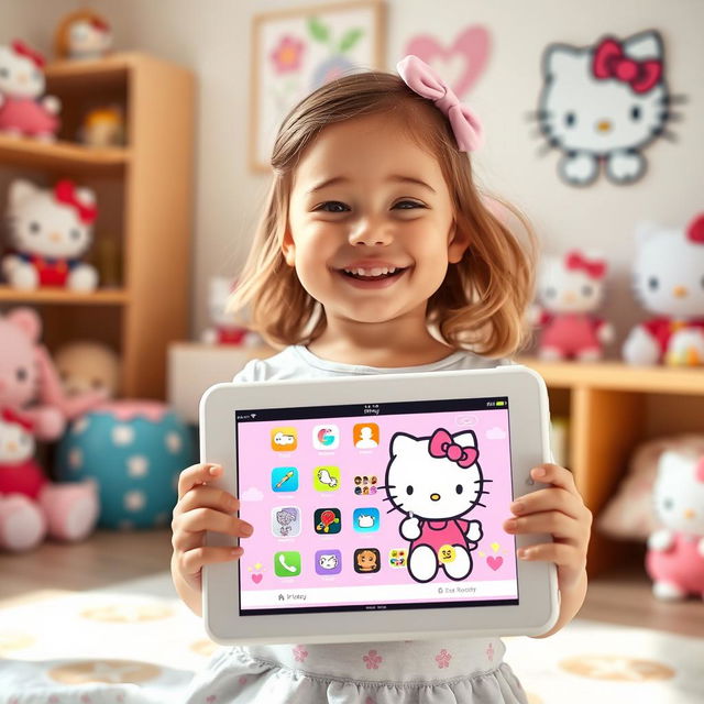 A cute scene featuring a child holding a vibrant Hello Kitty iPad, filled with fun and colorful apps visible on the screen