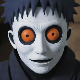 Revise previous scene: the orange, spiral-masked man is now identified as 'Obito'. The name 'Obito' is subtly engraved on his mask.